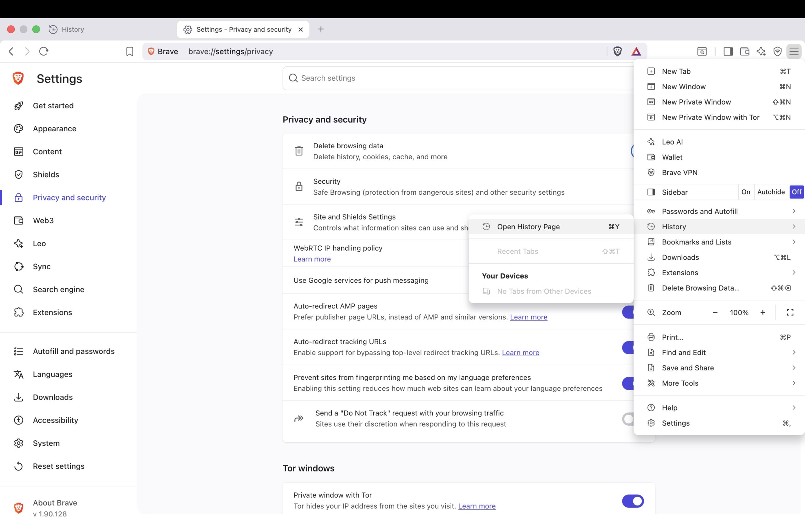 Open History Page in Brave Browser from the top-right menu