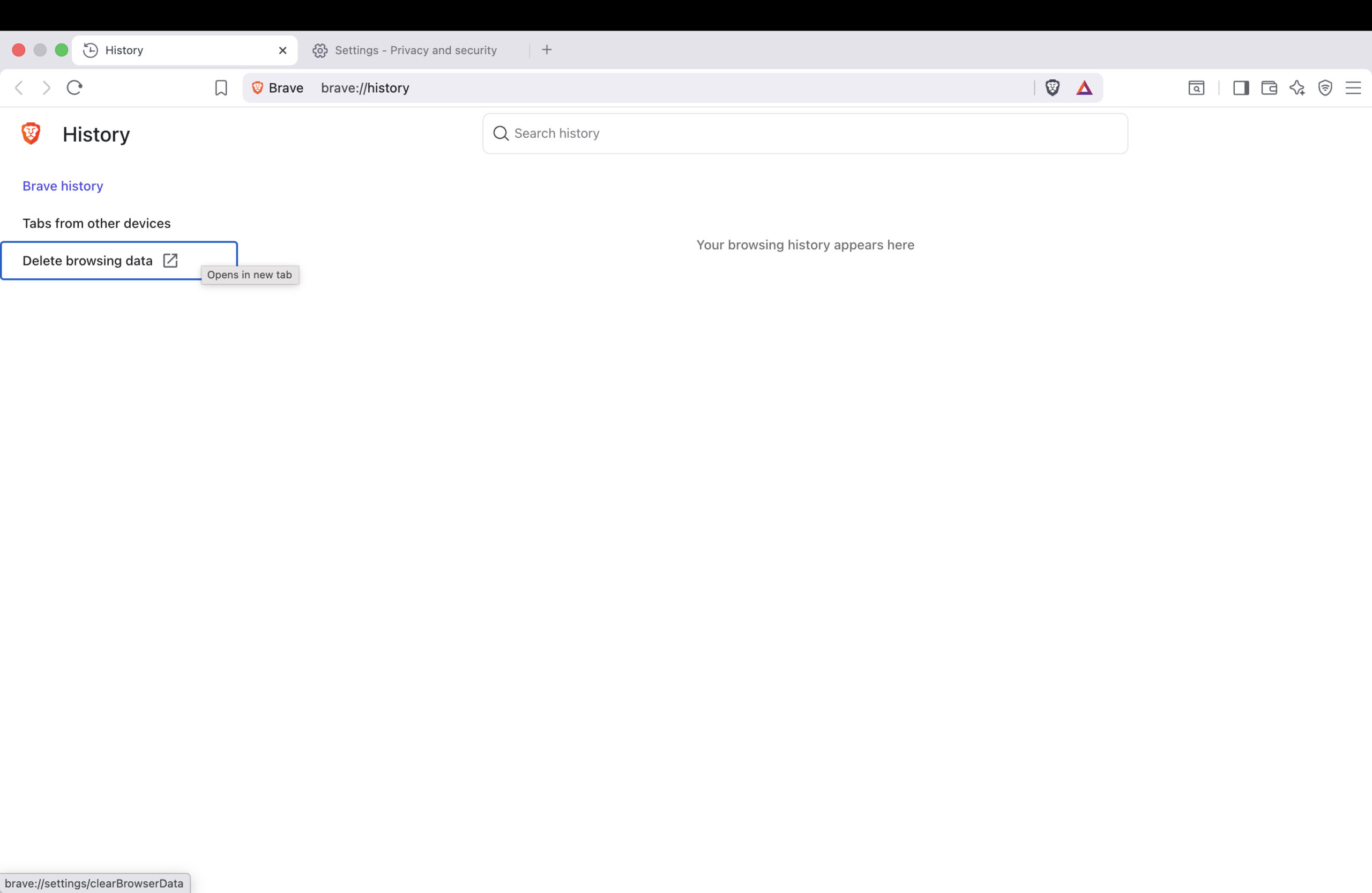 Click Delete browsing data on the Brave Browser history page