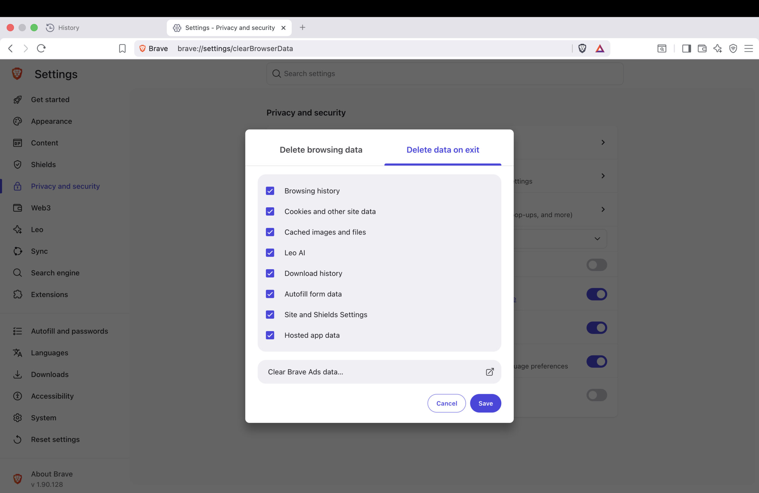 Enable Delete data on exit in Brave Browser settings