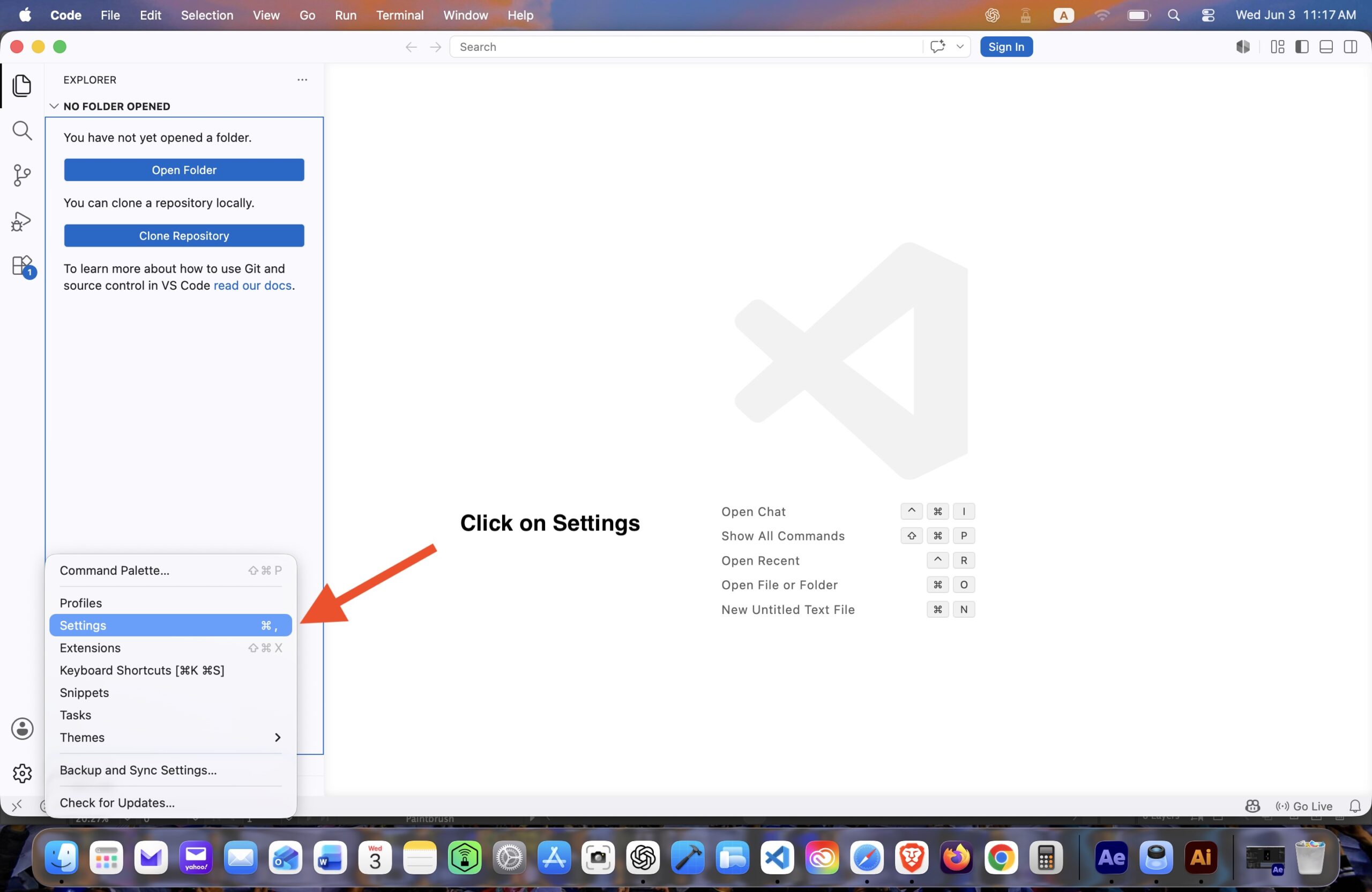 Visual Studio Code settings menu