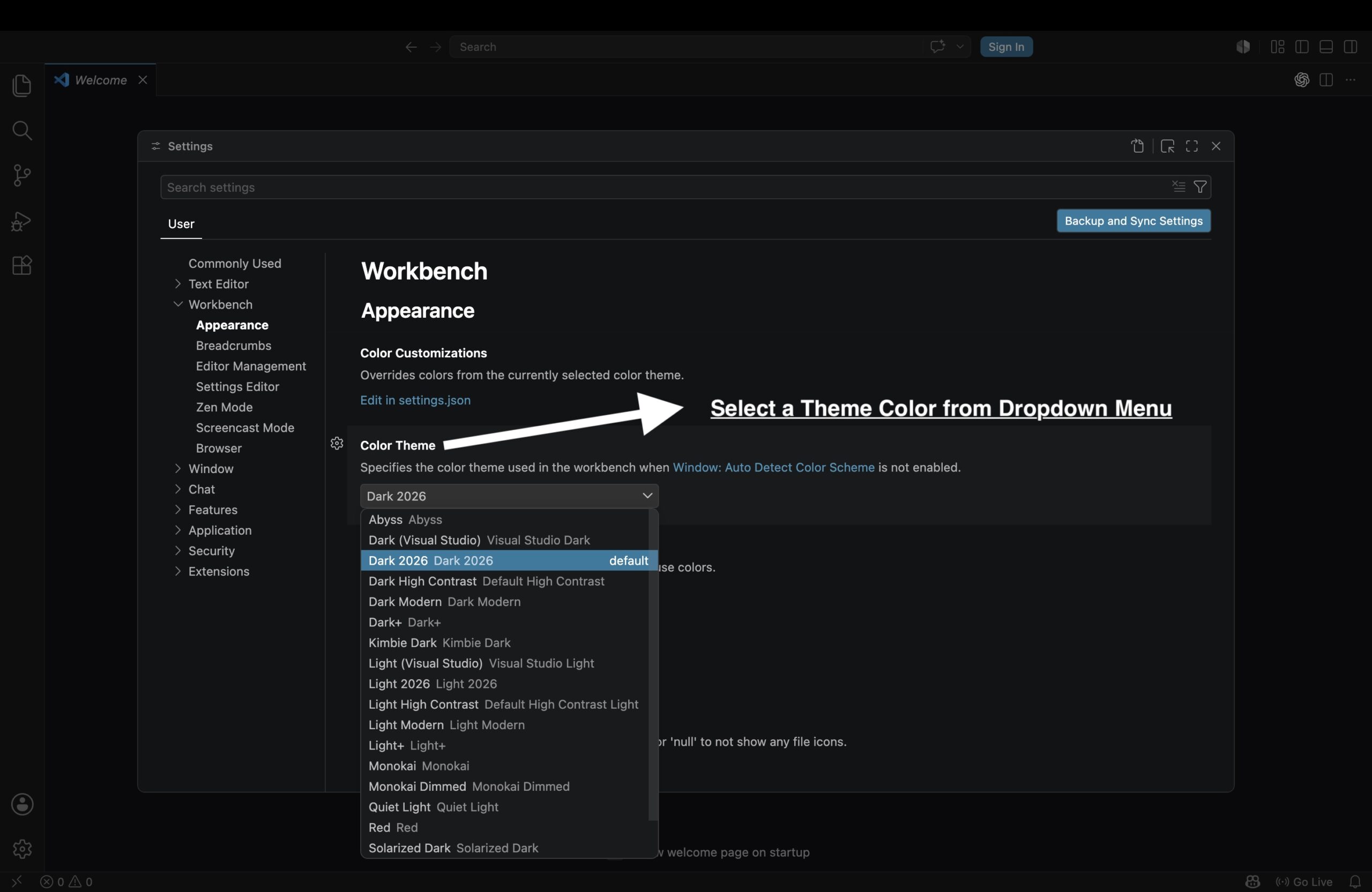 Change color theme in Visual Studio Code