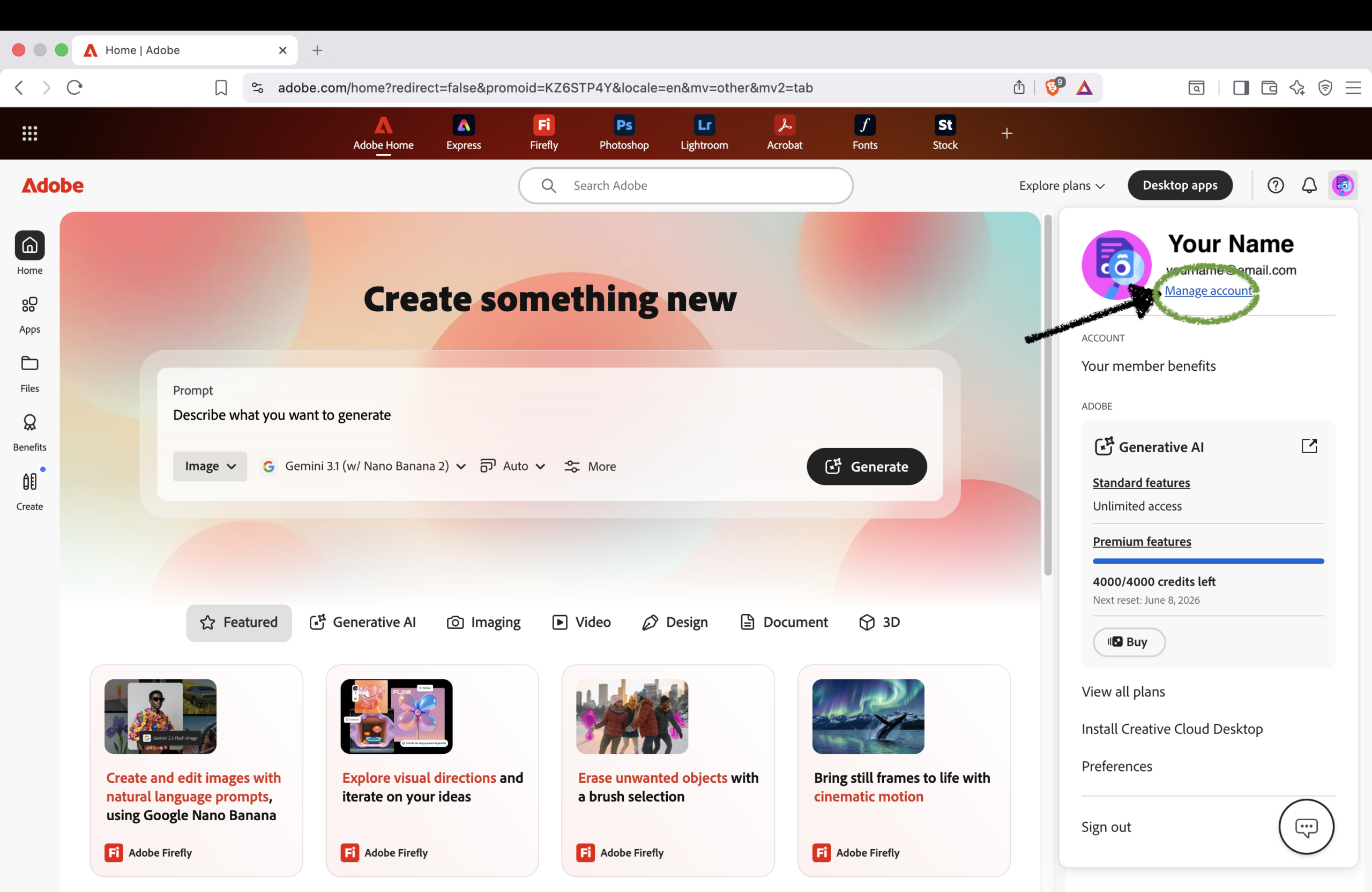 Click profile icon and Manage account in Adobe account
