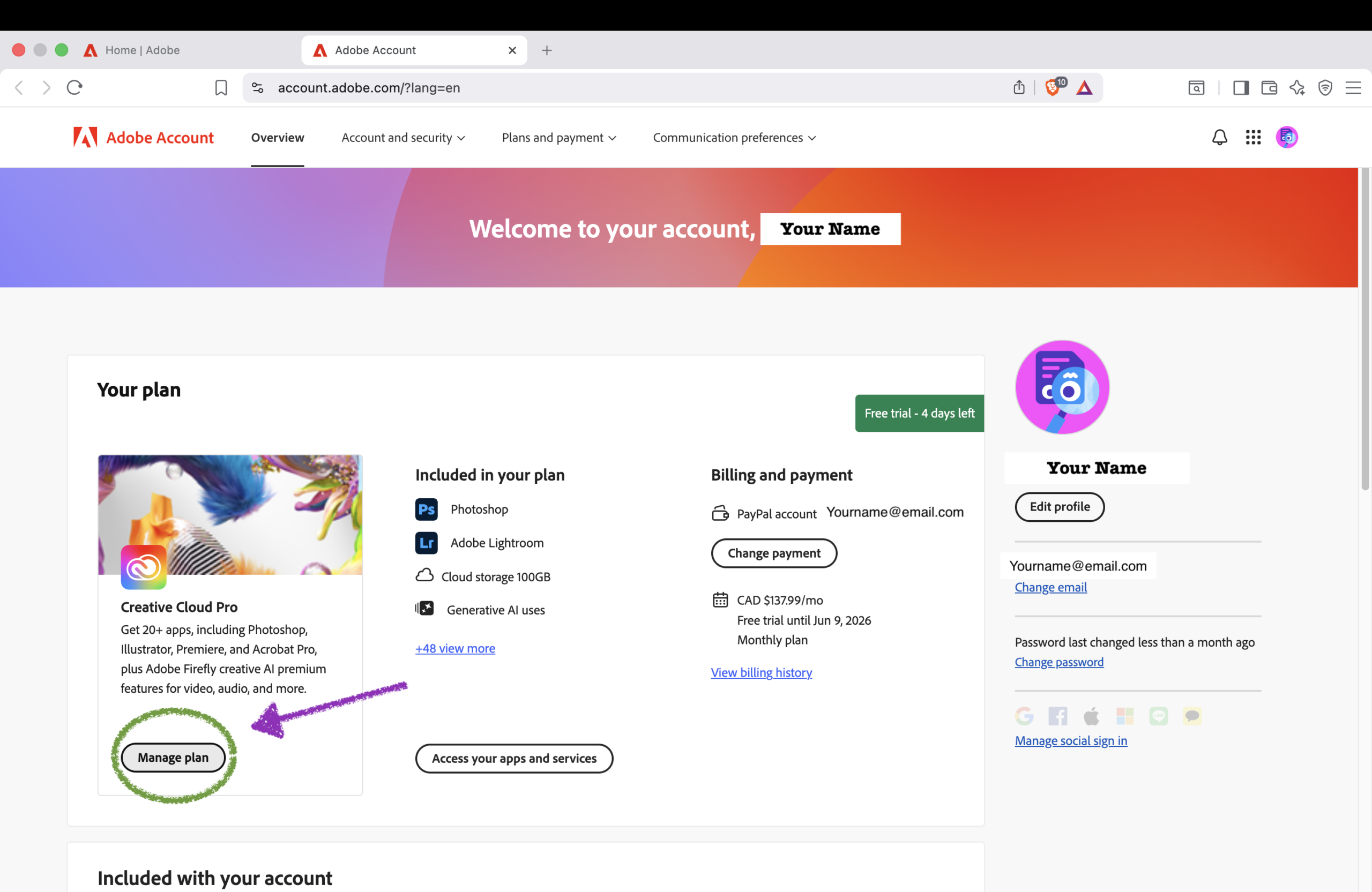 Click Manage plan in Adobe subscription settings