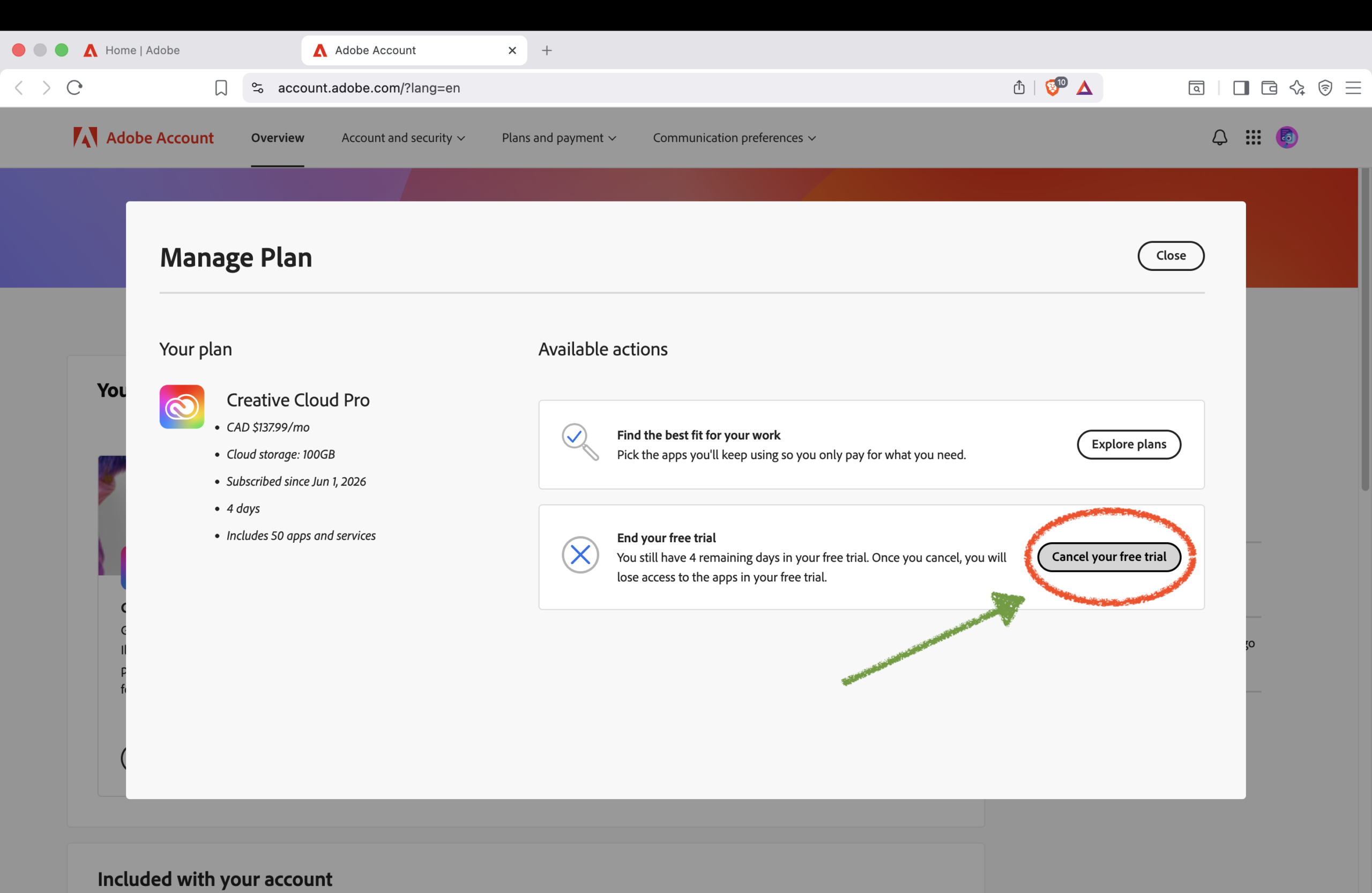 Choose Cancel your free trial in Adobe plan options