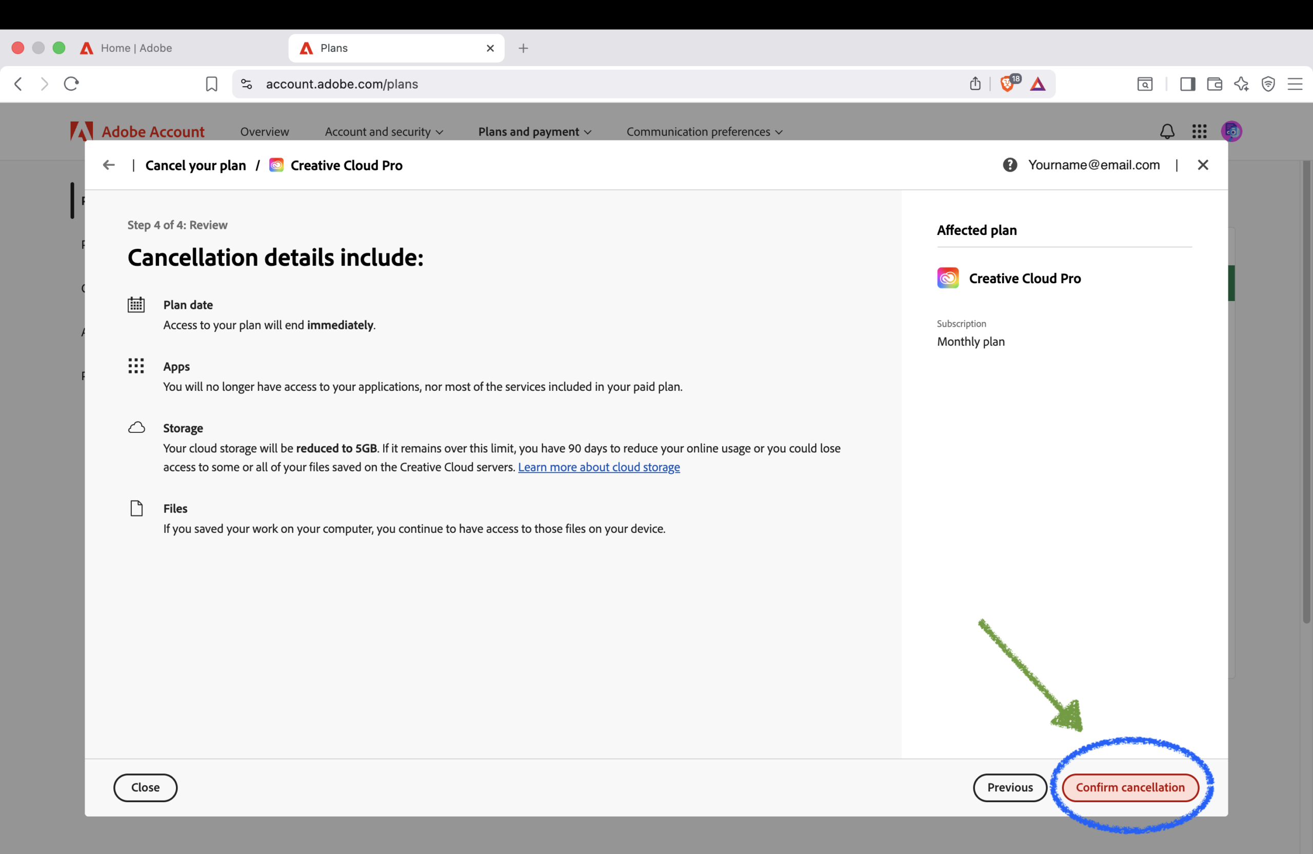 Review cancellation details and confirm Adobe free trial cancellation